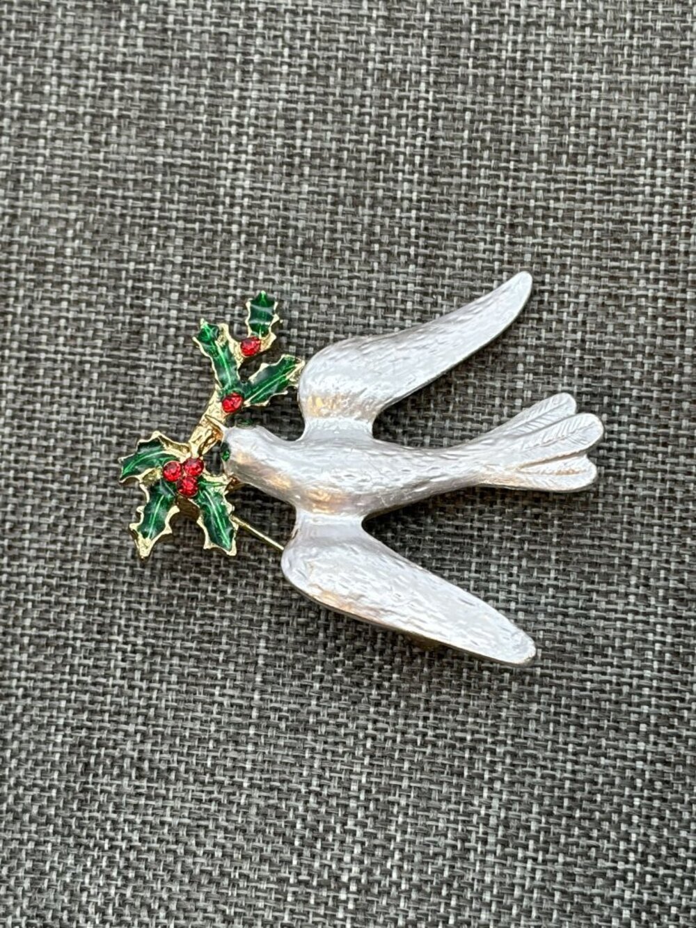 Vintage Christmas Dove Brooch 1.75 In White Green Red Enamel Rhinestone Holiday